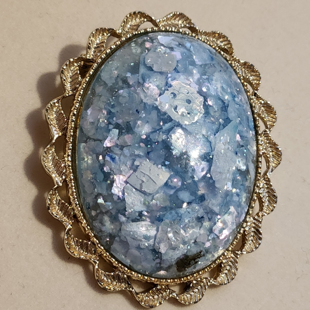 Vintage Gold Tone Turquoise Confetti Brooch Large Oval Pin